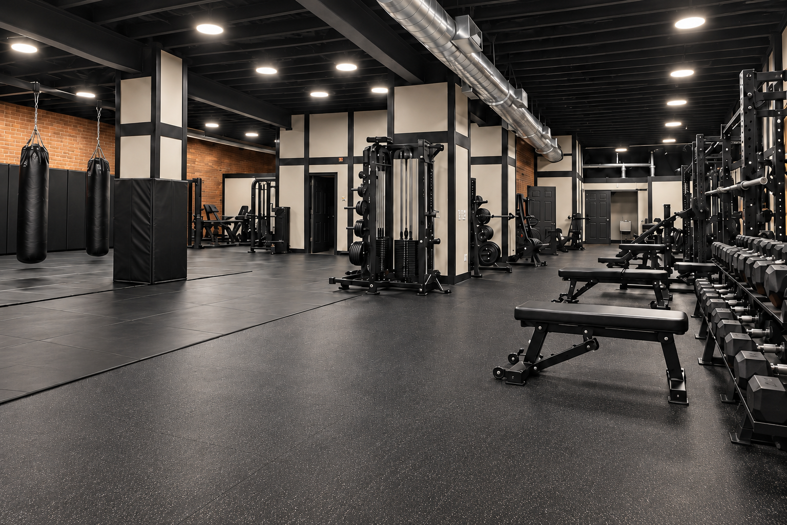 Concept rendering of the planned gym with MMA mats, heavy bags, weight machines and dumbbells
